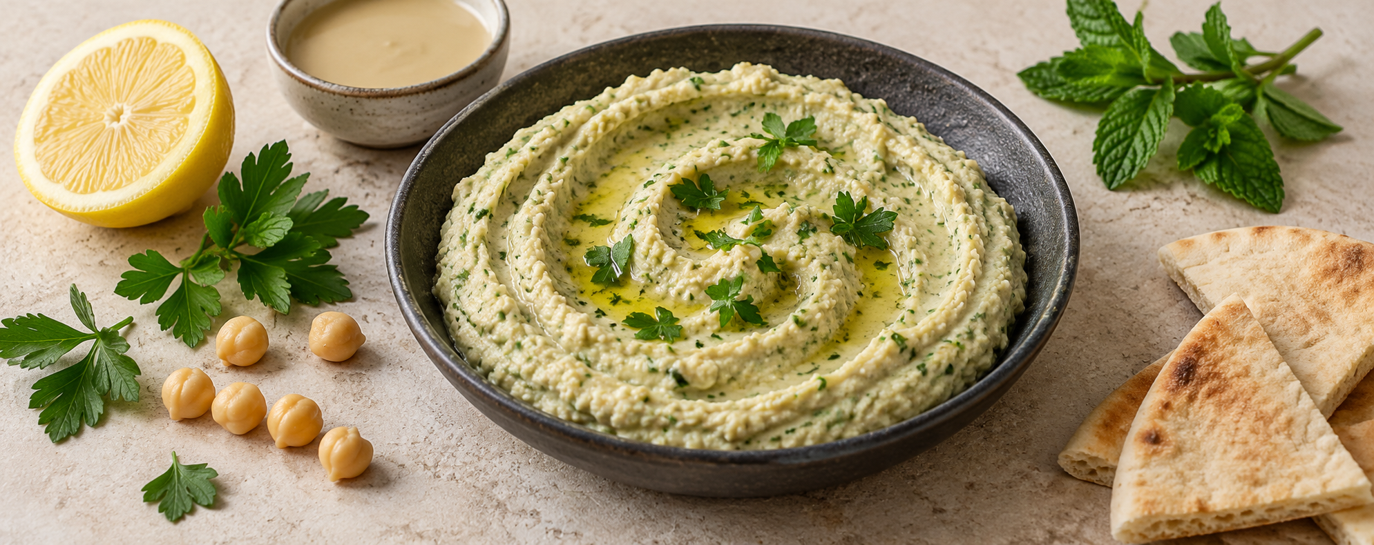 Fresh herb hummus in a shallow bowl, with parsley, lemon and pita