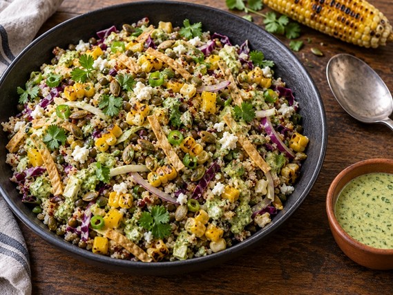 Street corn, lentils, quinoa and crunchy vegetables with creamy cilantro dressing